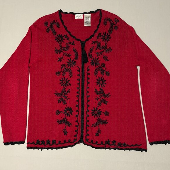 Kathie Lee Red Black Embroidered Cardigan L Ramie Cotton Vintage Grandmacore - Picture 4 of 16